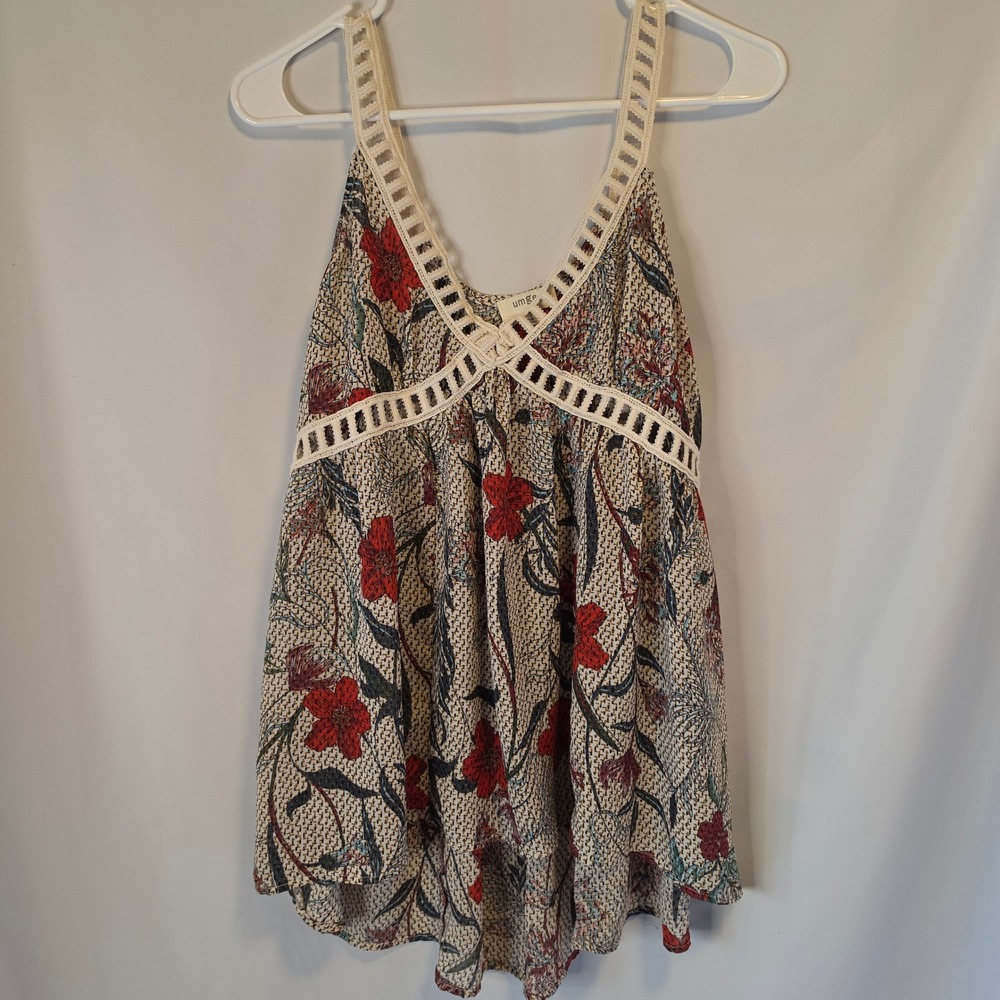 Umgee Floral Babydoll Tank Top Small Cream Red Boho Crochet Trim High Low